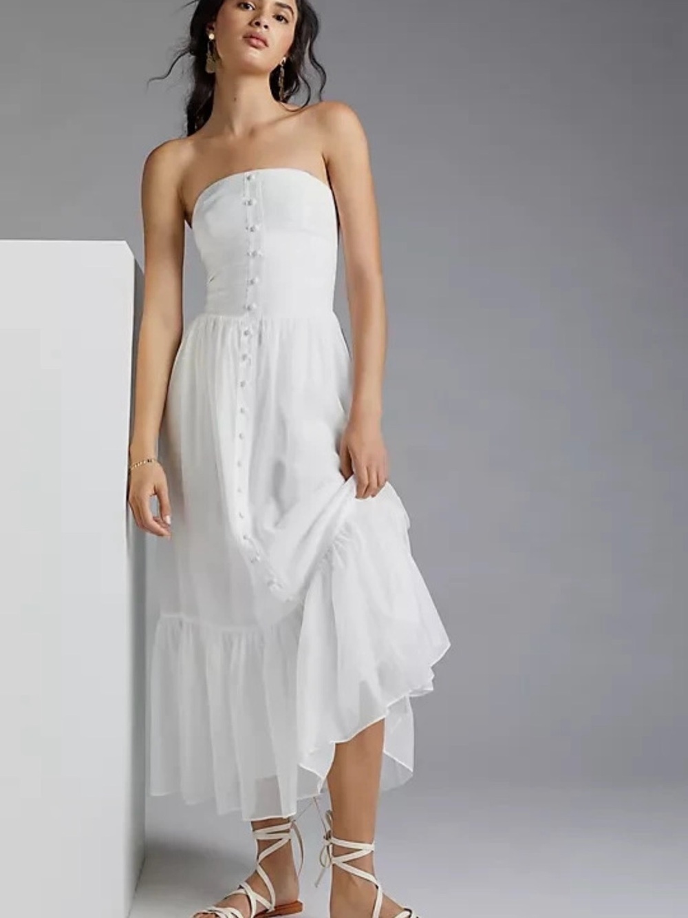 Women's Strapless White Button-Front Midi Dress